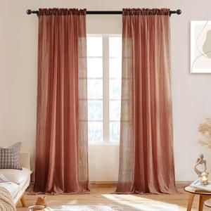Melodieux Terracotta Sheer Curtains 63 Inch Length for Bedroom, Elegant Light Filtering Cotton Linen Sheer Drapes, Living Room Rod Pocket Natural Rustic Voile Window Curtains, 52" W x 63" L, 2 Panels