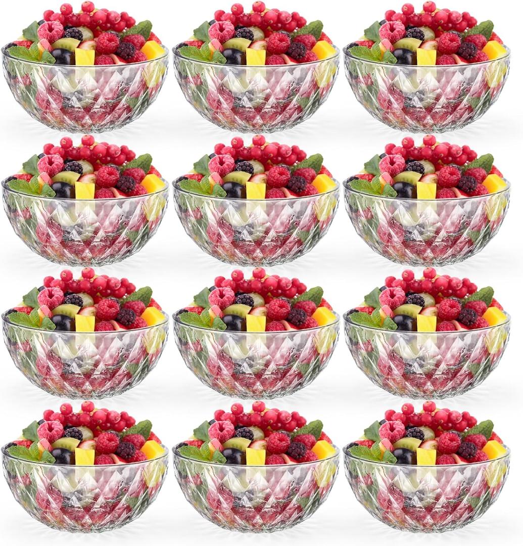 Jucoan 12 Pack 10 oz Small Glass Bowls, 5 Inch Diamond Cut Glass Prep Bowls, Stackable Salad Bowl for Dessert, Ice Cream, Fruit, Cereal, Candy, Yogurt