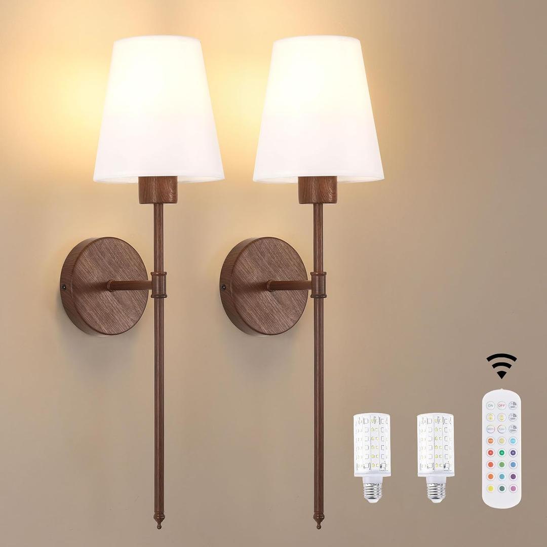Shenmoyl Battery Operated Wall Sconces Set of 2, Walnut Color Wall Lamp 6000 mAh Rechargeable Bulb with 12 RGB Colors Dimmable Wall Sconce for Living Room Bedroom, 2 Pack