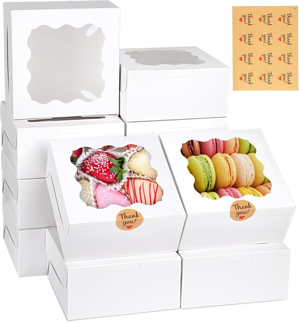 WINKIO 12 Pieces Cookie Boxes with Window, 663 Inches Treat Boxes for Bakery Dessert Pastry Mini Cake Favor Donut Baked Goods (White, with Stickers)