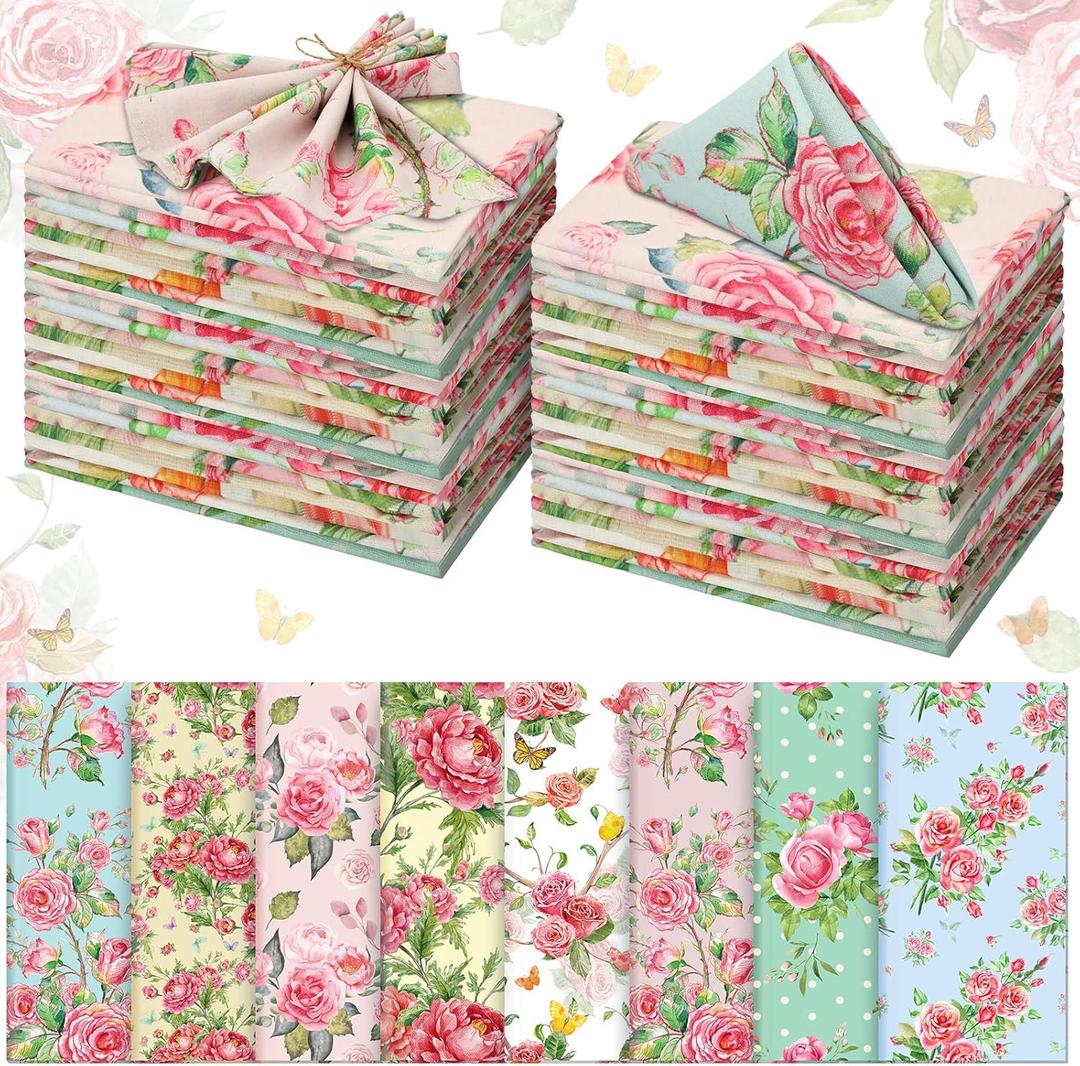 VitalCozy Cloth Napkins-15 x 15 Inch Soft Fabric Napkins Bulk Cloth Washable Reusable Plants Floral Square Napkin Cotton Dinner Towel for Spring Tea Party(Pink Flower,24 Pcs)