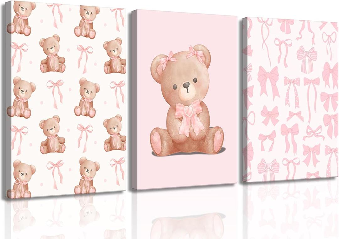 3Pcs Pink Teddy Bear Canvas Wall Art Coquette Bow Wall Decor Pictures Cute Animal Nursery Posters Prints for Baby Girls Room Bedroom Home Decorations