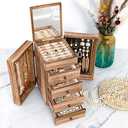 Meangood Jewelry Box Wood for Women, 5-Layer Large Organizer Box with Mirror & 4 Drawers for Rings, Earrings, Necklaces, Vintage Style, Torched Wood