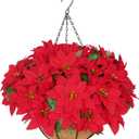 BLEUM CADE Artificial Christmas Flowers Hanging Poinsettias with Basket for Outdoors, Artificial Hanging Red Poinsettias for Xmas Decoration, UV Resistant Faux Flowers Christmas Decorations (1 pack)