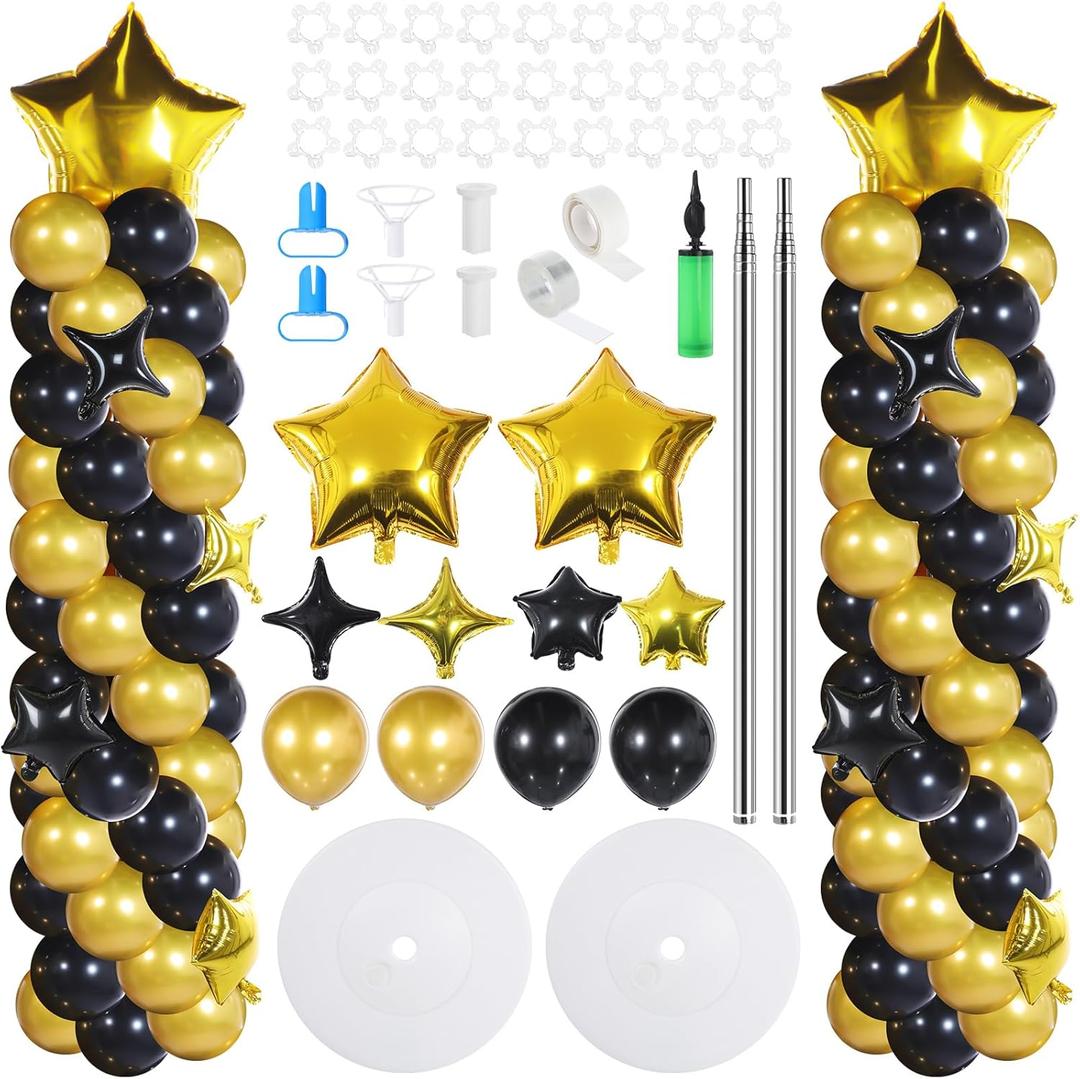 Gejoy 110 Pcs Black Gold Balloons Column Stand Kit Adjustable Tower Stand from 1.4 to 6.6 ft with Bases for Valentine's Day Wedding Birthday Baby Shower Party
