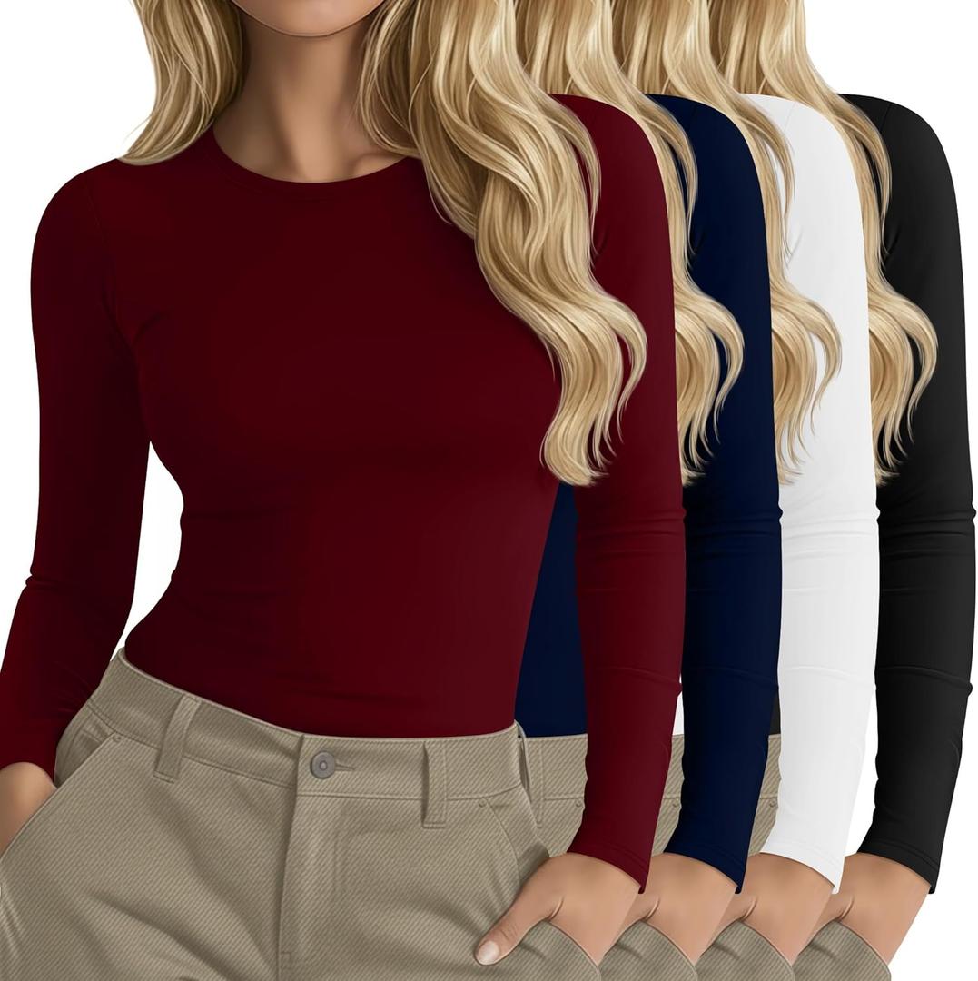 Neer 4 Pack Women's Long Sleeve Shirts Underscrub Crew Neck Slim Fit Undershirts Stretchy Casual Tight Tops (Red, Navy Blue, White, Black)