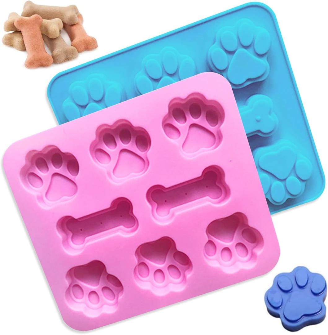 3 x 2PCS Silicone Molds,Non-Stick Puppy Dog Paw and Bone Food Grade Hard Candy Molds for Baking,Ice Cubes,Dog Treats,Chocolate,Jelly,Cake - Pink,Light Blue