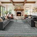 9x12 Washable Area Rug for Living Room, Extra Large Vintage Boho Rugs for Dining Room, Kids Room, Farmhouse, Durable Low Pile Non Slip Carpet for High Traffic Areas, Soft Blue