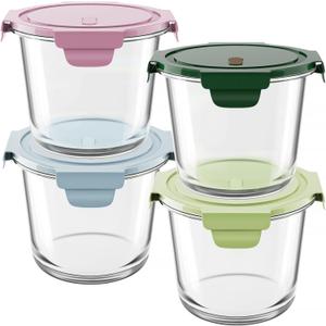 4 PCS Glass Meal Prep Containers with Lids, Airtight 2 Cup Glass Storage Containers Set, Heat-Resistant BPA-Free Containers for Soup Leftover, Microwave, Dishwasher, and Freezer Safe (2 Packs)