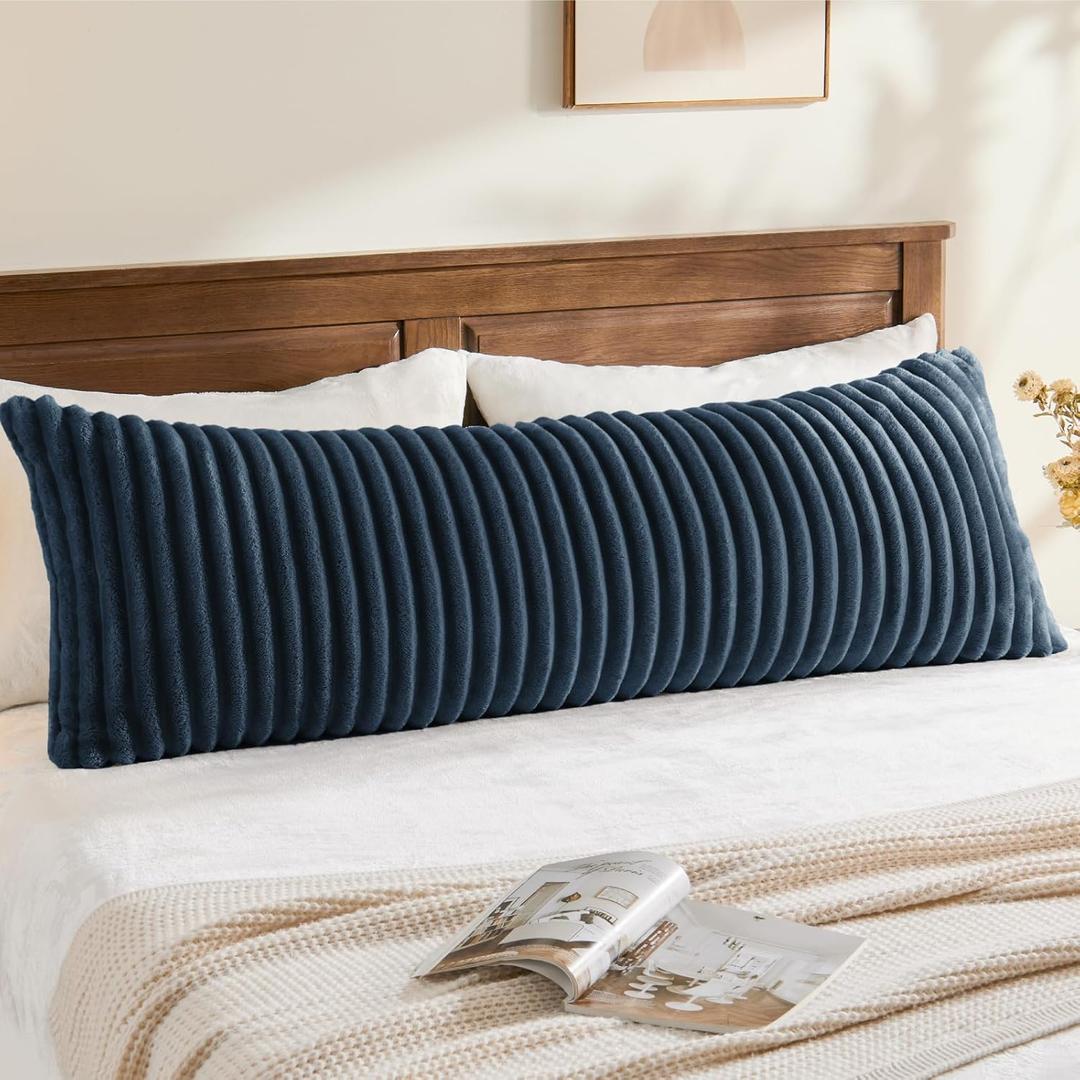 BEDELITE Fluffy Faux Fur Body Pillow Cover with Zipper, Luxury Plush 3D Striped Pillow Cover 20x54 Inches, Super Soft and Cozy Long Body Pillow Pillowcase for Bed Sofa Couch Room Decor(Navy Blue)