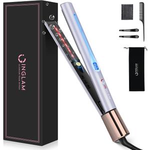 IG INGLAM Titanium Flat Iron Hair Straightener, Curling Iron 1 Inch, Infrared Negative Ionic Hair Straightener 11 Adjust Temp 250F to 450F, Shiny Hair Dual Voltage 110-240V, Gift, Purple