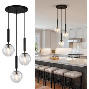FDPBY Mid Century Globe Pendant Light with Clear Glass for Kitchen Island Modern Balck Finish Hanging Light Fixture Retro Round Pendant Lighting for Living Room Bedroom Entryway (3 Lights)