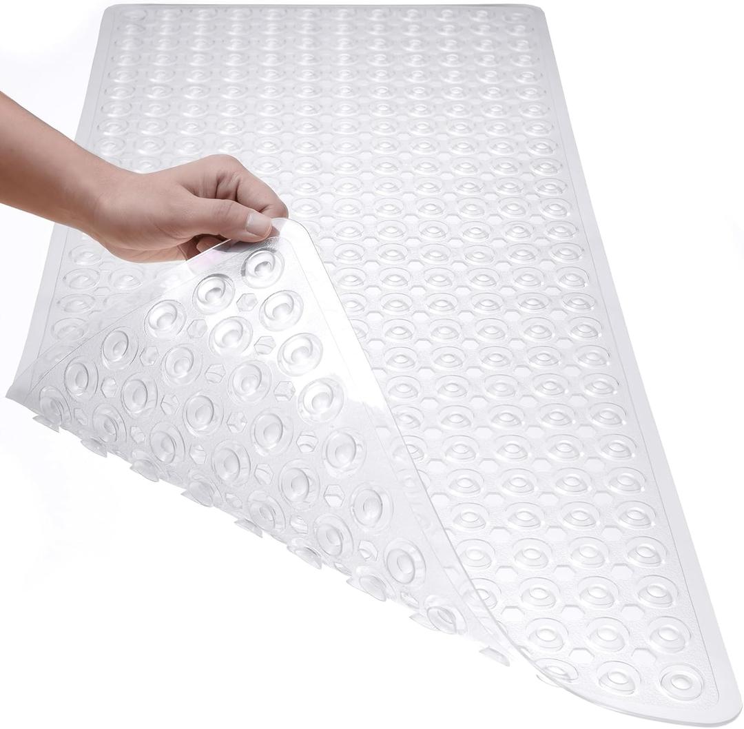 Bath Mat for Tub & Shower, Non Slip Soft Bathmat with Suction Cups & Drain Holes, Machine Washable Bathtub Floor Liner Mats for Bathroom, 35x16 Inch, Clear