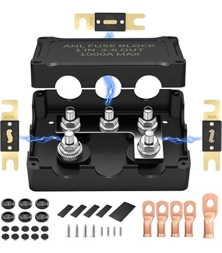 ANL Fuse Holder with 300A, 400A, 500A Fuses, Max 1000A Waterproof Marine Fuse Block, 1 in 3-6 Out, 4 x 5/16" M8 Studs Heavy Duty Dual Fuse Holder for Automotive, Boat, RV, Truck