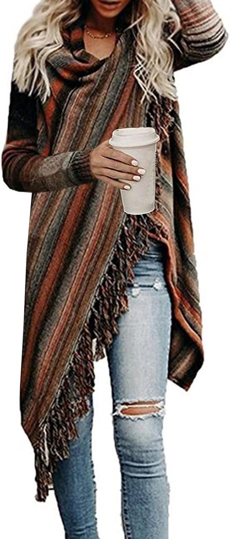 Women's Open Front Knited Tassels Slash Loose Cardigan Crew Neck Speckled Fringe Sweater Outwear (Medium)