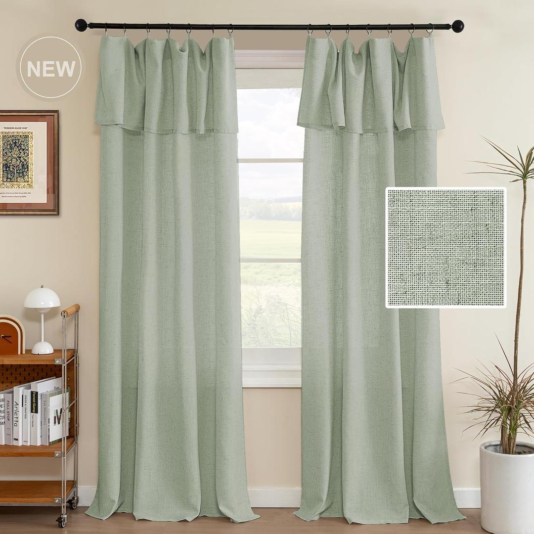 H.VERSAILTEX Linen Curtains with Valance 108 Inch Length for Living Room Boho Window Curtain, Drapes 2 Panels Set for Farmhouse Treatments Rod Pocket/Ring Top for Bedroom 52 x 108 Inch, Green Bay