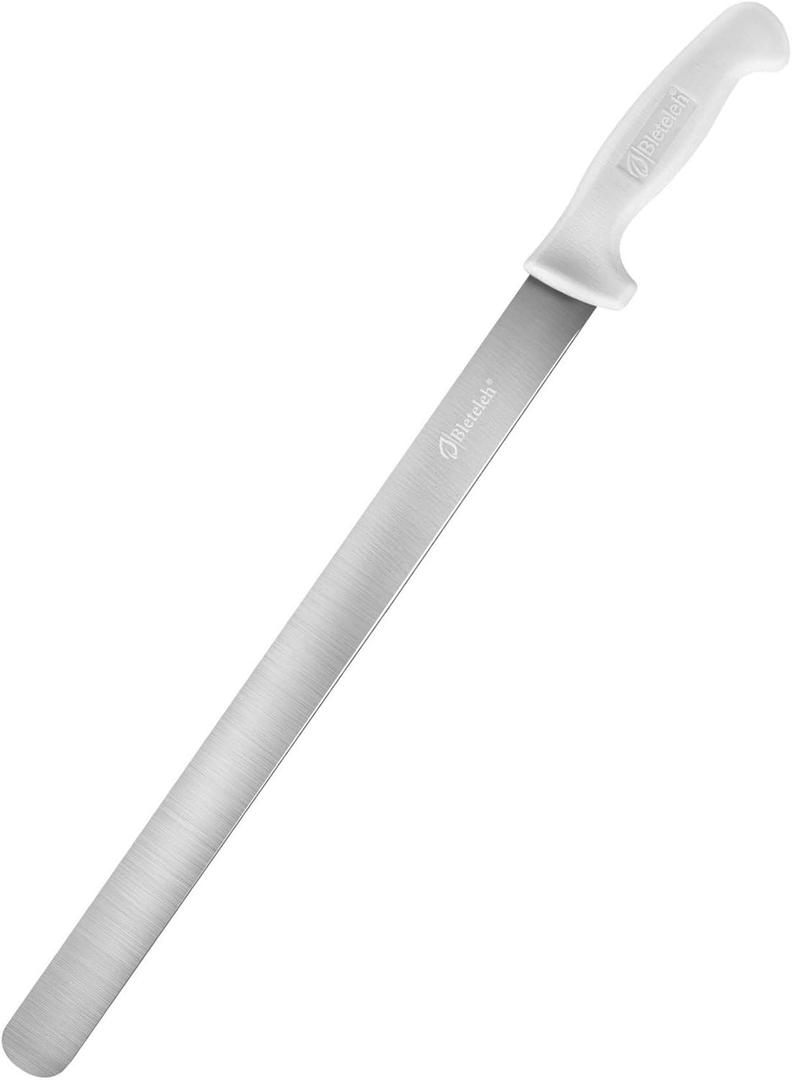 Extra-Long 15-inch Blade Slicing Roasting Knife, Straight Blade, White Handle