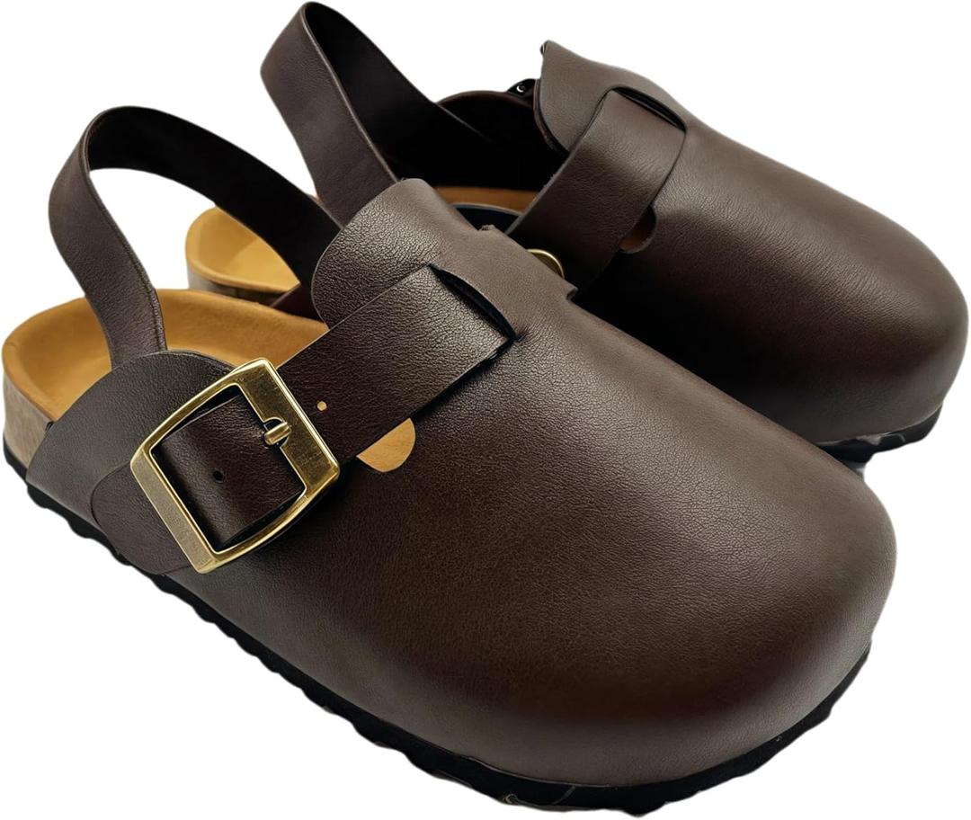 Kids Suede Clogs Toddler Clogs Boys Girls Sandals Cork Adjustable Buckle Mules (10-10.5 Toddler, Brown Leather)