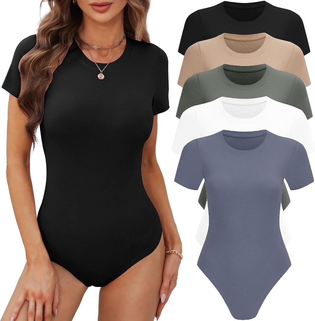 BALENNZ 5 Pack Bodysuits for Women Short Sleeve Round Neck Bodysuit Tops Crew Neck Basic Casual Tshirt Bodysuits Small