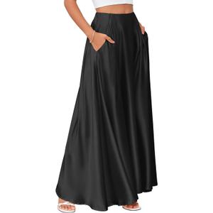 MAKABO Maxi Satin Skirts for Womens High Waisted Flowy Long A line Skirt Trendy for Office Holiday Party (Black, XL)