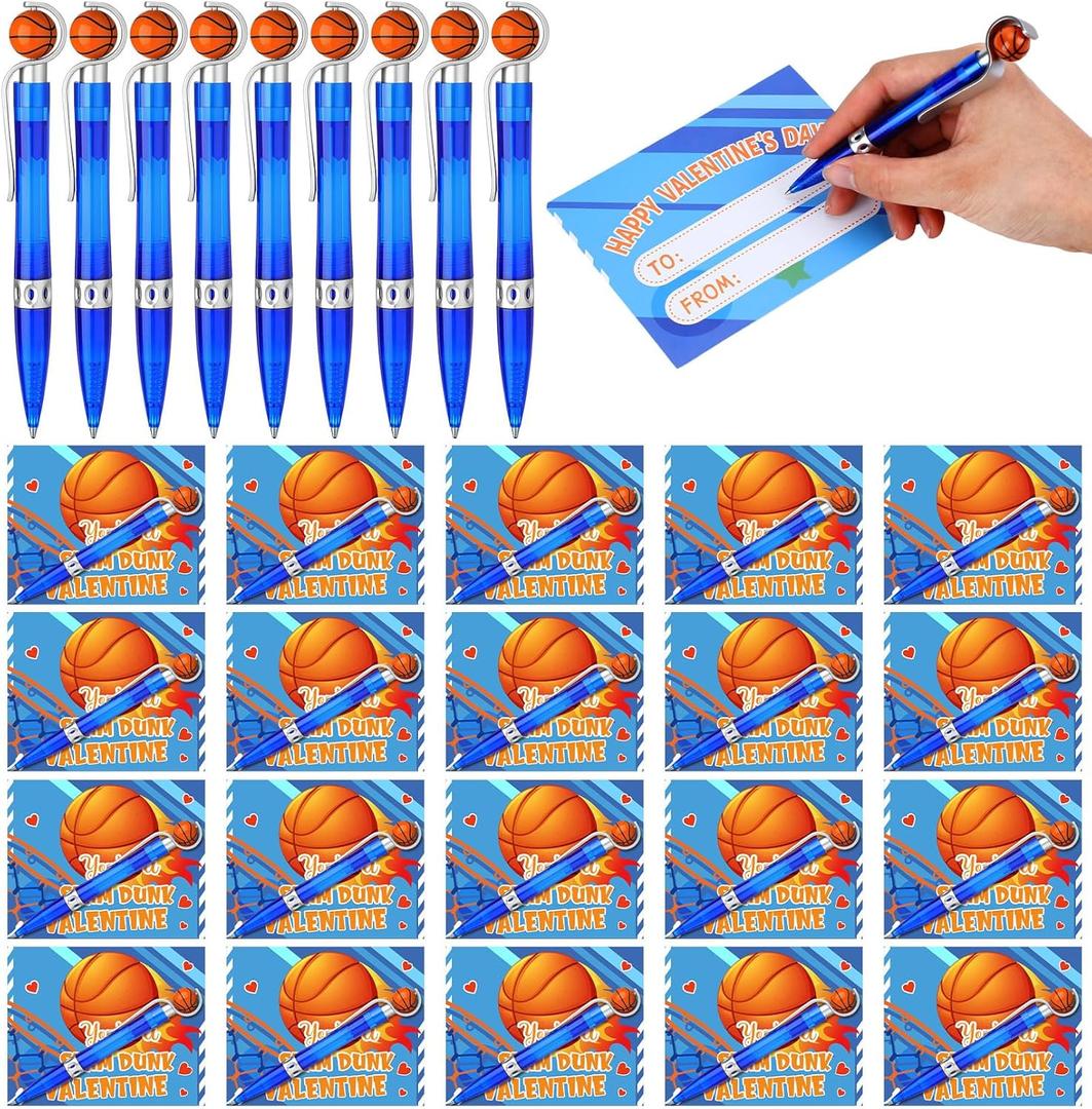 Skyygemm 36 Set /108 Pcs Basketball Pens with Gift Card for Kid Valentine's Day Classroom Exchange Gift School Sports Novelty Ballpoint for School Valentine's Sports Party Favor