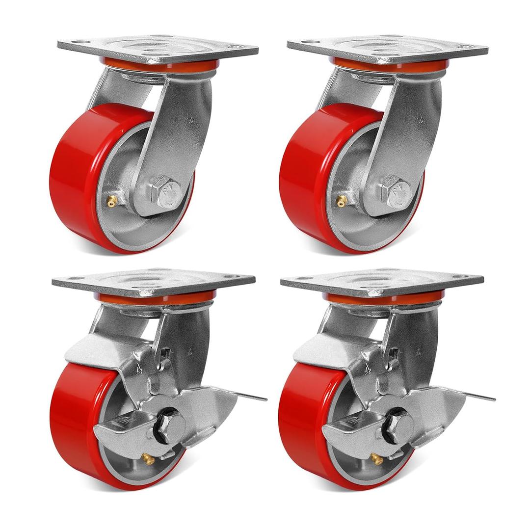 3200 lb Capacity Industrial Caster Wheels with Polyurethane & Cast Iron, Swivel Plate Casters for Platform Trucks, U-Boat Carts, Military Equipment (2 Brake &2 Swivel)