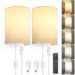 GOODATE Plug in Wall Sconces, Stepless Colors 2700K-6500K & Stepless Dimming, Wall Sconces Set of Two with Remote & Switch Control, Plug in Wall Light with Timer, Bulbs Included, White