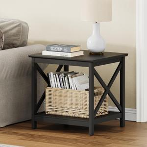 ChooChoo End Table, 24 Inch End Table with 2-Tier Storage Shelf, Side Table for Living Room, Wood Nightstand for Bedroom, Office, Painted Surface, Black