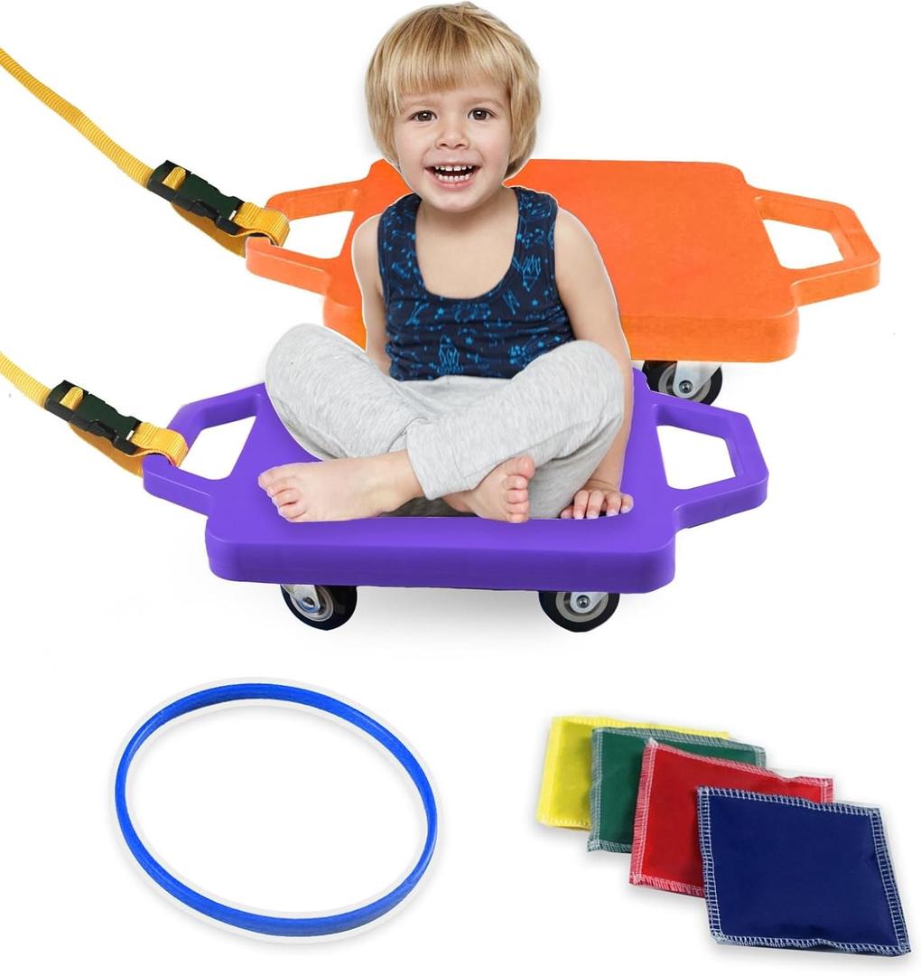 2 Plastic Scooter Boards with Handles for Kids Sitting and Sports Training, with 1 Ring, 2 Ropes and 4 Beanbags, Indoor and Outdoor Play (Orange & Purple)