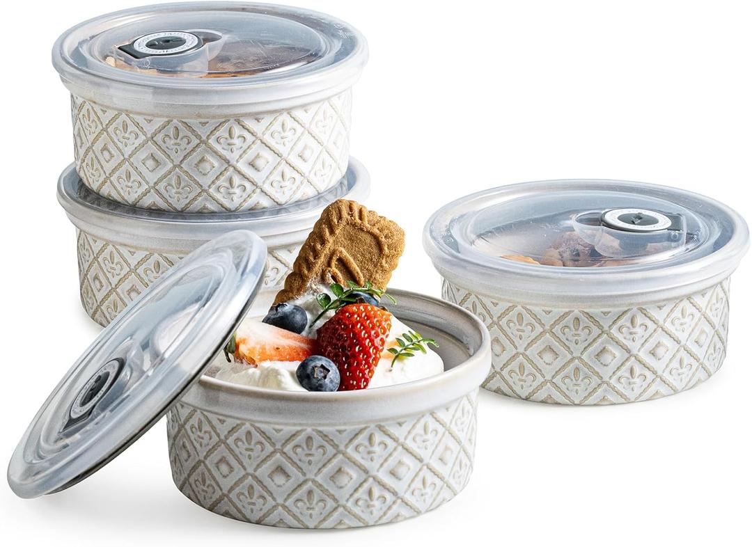 12 oz Souffle Ramekins Oven Safe with Lids, Small Creme Brulee Dishes, Ceramic Custard Cups Baking Bowls for Dessert, Dipping Sauce, Pudding, Set of 4, Beige