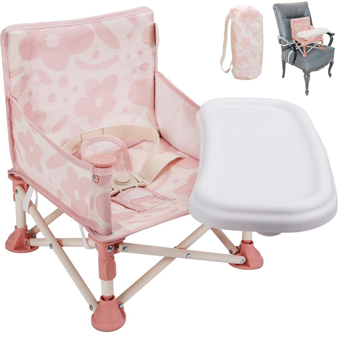 Tiny Marvels 3-in-1 Portable Baby Chair, Foldable Booster Seat with Removable Tray, Safety Harness & Carry Bag for Dining, Travel, Camping, Beach, 6M-3Y (Blush Bloom)