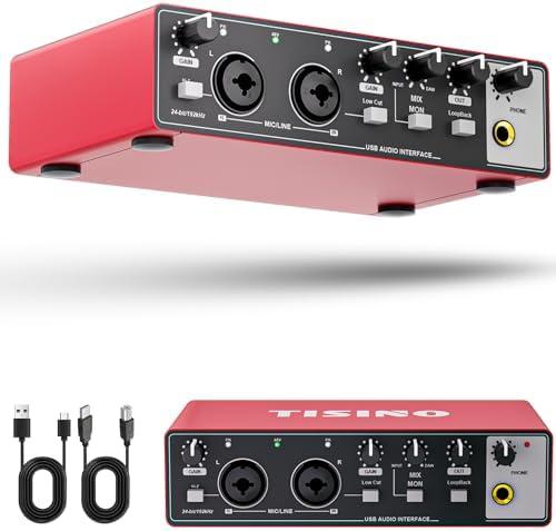 TISINO Audio Interface 24Bit/192kHz, USB Audio Interface for Recording, Songwriting, Streaming and Podcasting, Plug & Play Studio Interface with 48V Phantom Power, PC/Mac/iOS Compatible,RED