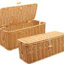 2PCS Cable Management Box, Handmade Rattan Cable Organizer, Open Slots Cords Hider Box Cord Basket Under Desk Cord Organizer for Computer Router USB Hub & Power Strip