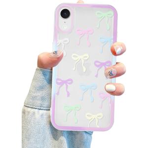 Jusy Compatible with iPhone XR Bow Phone Case, Cute Clear Ribbon Bowknot Pattern Aesthetic Soft TPU Transparent Cases - Colorful