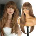 ENTRANCED STYLES Brown Mix Blonde Wig with Bangs for Women Long Brown Highlight Straight Layered Wig Synthetic Hair for Daily Party Use 26 Inch