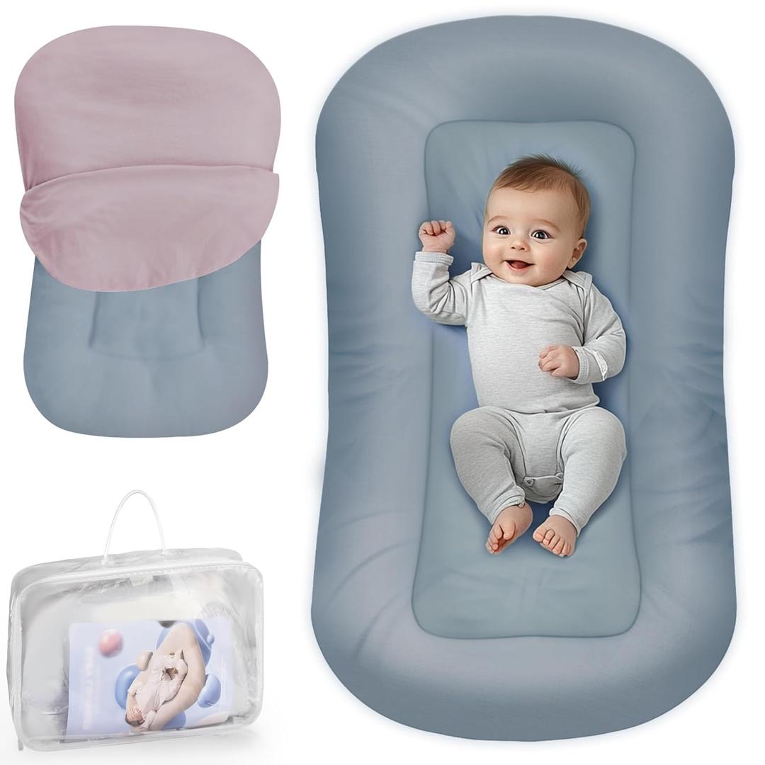 Baby Lounger - Baby Lounger Pillow for Newborn, 0-24 Months, Infant Lounger for Home and Travel, Co Sleeping Baby Nest, Newborn Babies Essentials Gifts, GrayishBlue (Lounger Cover Included)
