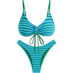 ZAFUL Women's Bikini Sets Flocking Textured High Cut Ruched Swimsuit Colorful Stripes Drawstring Bathing Suit (Medium, 0-blue Green)
