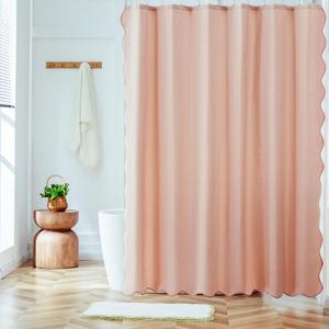 Pink Scalloped Shower Curtain, Cute Modern Preppy Boho Farmhouse Shower Curtains for Bathroom, Minimalist Luxury Faux Linen Waterproof Fabric Shower Curtain Aesthetic Bathroom Decor 72’’x72’’