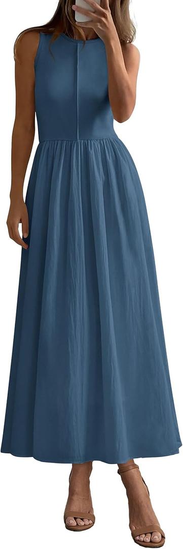 PRETTYGARDEN Maxi Dresses for Women 2025 Summer Casual Sleeveless Patchwork Flowy Vacation Sundress Knit Long Work Tank Dress (Medium, Grey Blue)