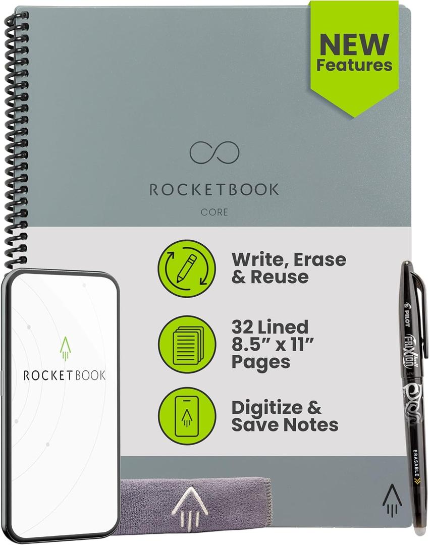 2 x Rocketbook Core Reusable Smart Notebook, Lined Pages For School, Work and Creative Projects, Letter Size 8.5x11, Gray - Premium
