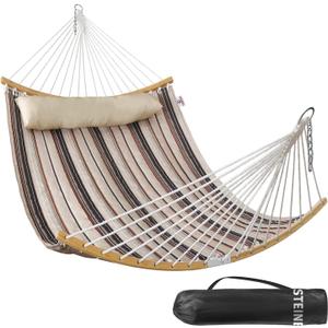 Double Hammock, 11 FT Quilted Fabric 2 Person Hammock for Outside with Pillow, Folding Curved Spreader Bar, Chains, Carrying Bag, Indoor Outdoor, 450 IB Capacity, Havana Brown