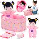 OUOZZZ 10" Soft Baby Doll Set with Plush Doll, Bassinet, Blanket and Bottle, Pretend Playset for Emotional Social Education Asian Doll for 2 Year Olds Girls Perfect Birthday Toy