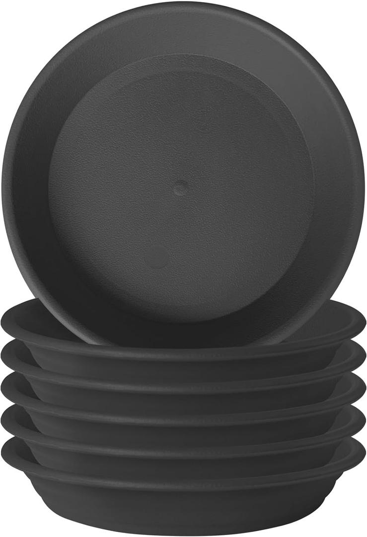 6 Pcs Plastic Plant Saucer 5", Singe Size, Thick Strong 6 8 10 12 inch Potted Plant Water Catcher Tray for Indoors, Planter Pot Saucer Flower Base Bottom Drainage Drip Tray Dish Plate Outdoor (Ash Black)