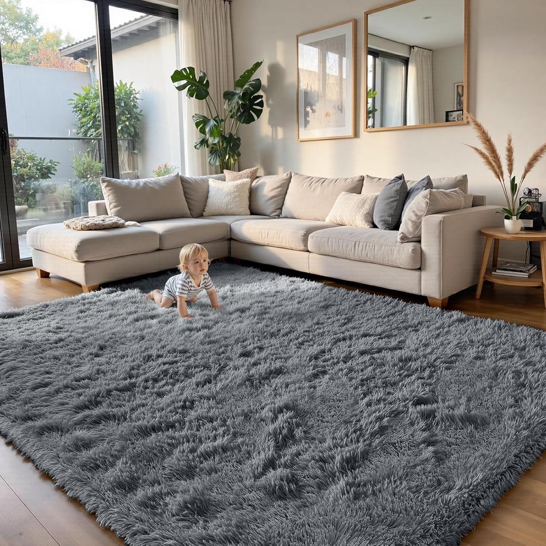 Fluffy Rug Shaggy Area Rug, Grey 8x10 Area Rugs for Living Room, Large Shag Area Rugs for Bedroom Kids Room Home Decor, Upgrade Anti-Skid Rectangular Fuzzy Rugs