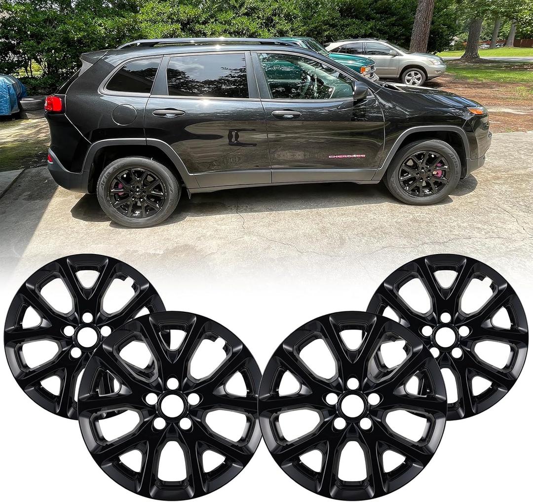 Set of 4 17" Wheel Skins for Jeep Cherokee 2014-2018, ABS Plastic Cover Hubcap for 14-18 Jeep Cherokee Wheel Skin Replacement 17 Inch Glossy Black Set of 4