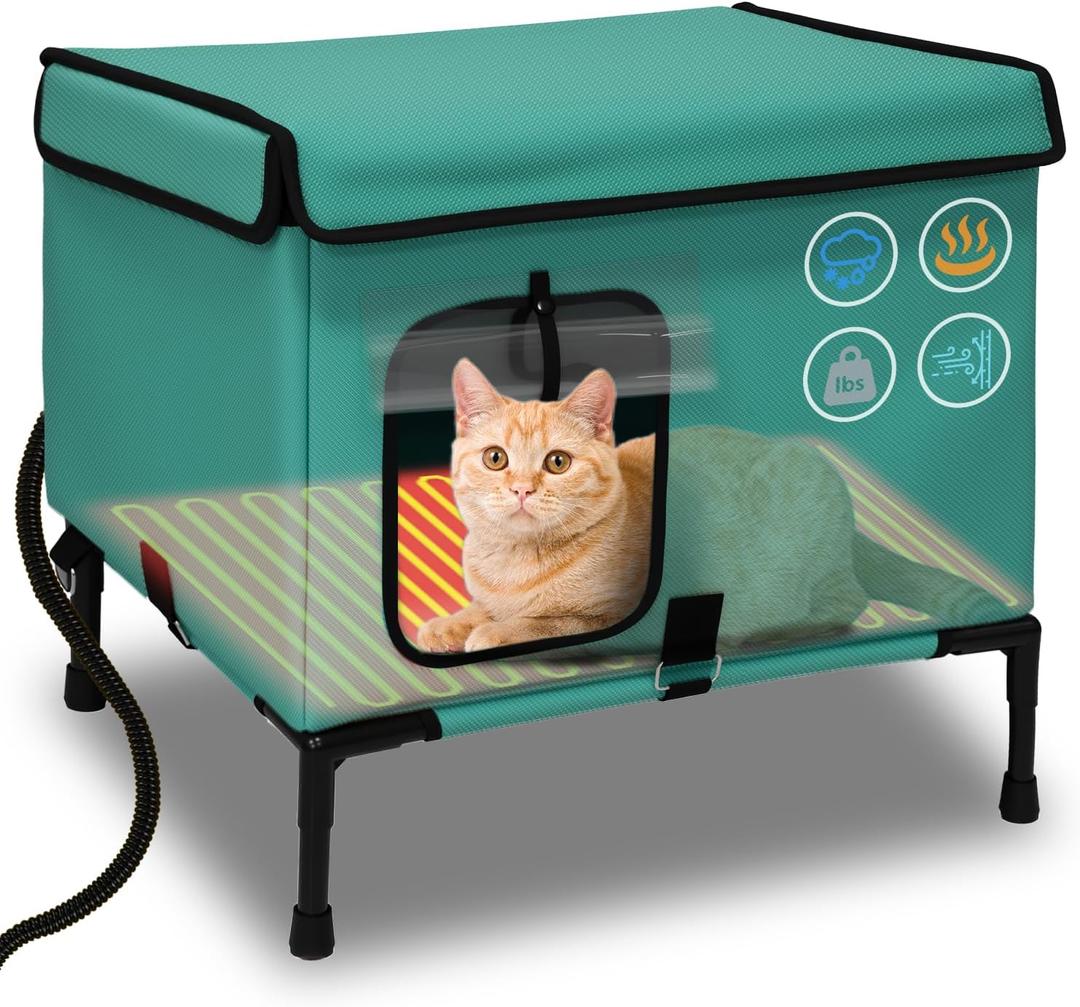 21" Large Size Heated Cat House for Outside & Indoor, Weatherproof Heated Shelter for Multiple Cats with Heating Pad Included16" D x 21" W x 17" H Green