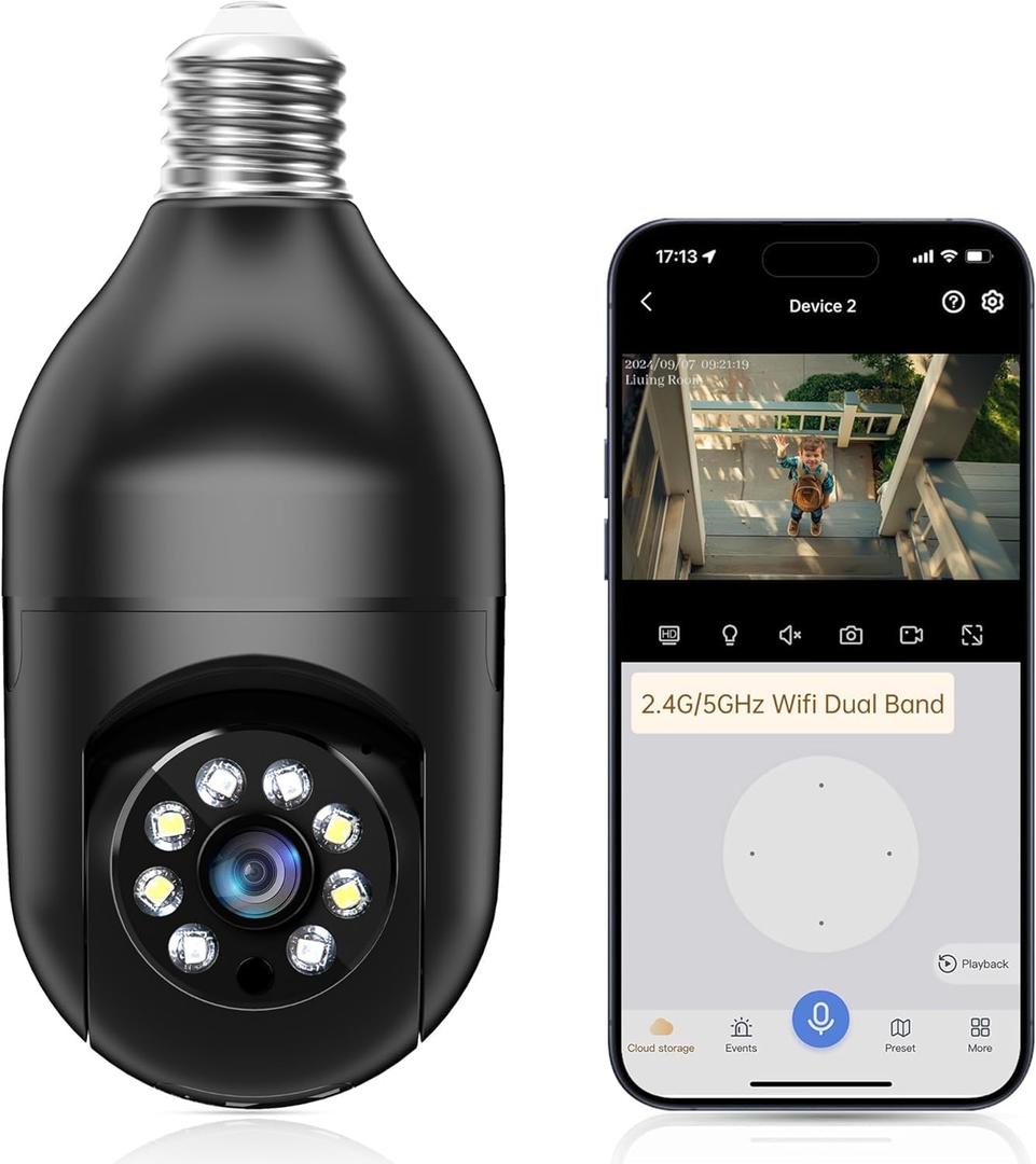 WESECUU Light Bulb Security Camera -5G& 2.4GHz WiFi 2K Security Cameras Wireless Outdoor Motion Detection and Alarm, Two-Way Talk, Color Night Vision, Human Detection, Bulb Camera Compatible with Alexa (2K/1-Pack, Black)