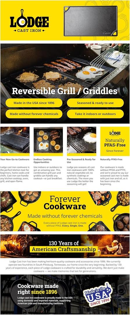 Lodge Double Play Reversible Cast Iron Grill/Griddle  DualSided with Double Burner Configuration for Eggs, Pancakes, Burgers & More  Seasoned, NonToxic Cookware  HeavyDuty Grill Pan  Black