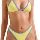 SUUKSESS Women Sexy Thong String 2 Piece Bikini Set Cheeky Halter Swimsuit (4-6, Yellow Blue)