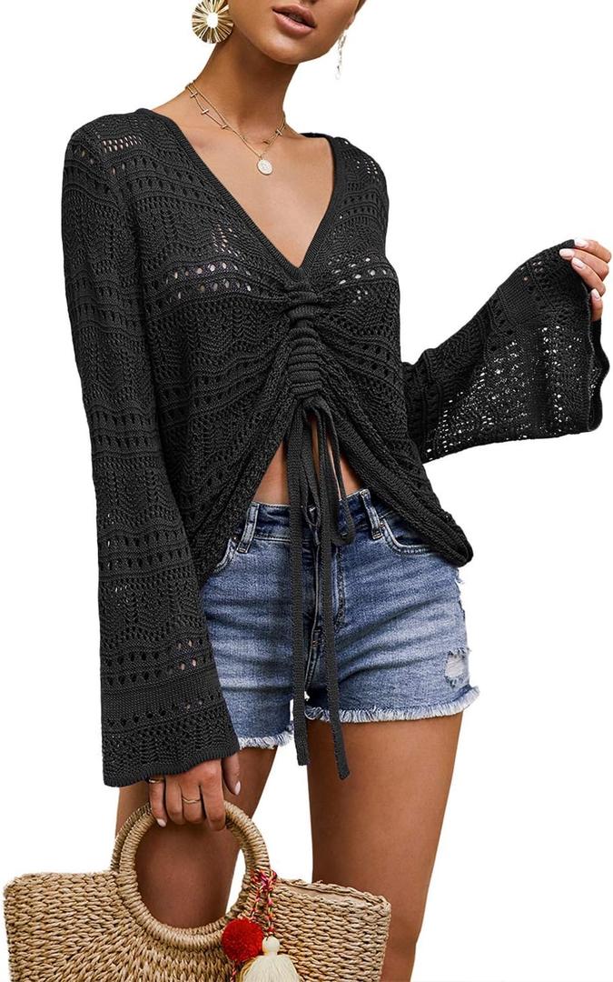 FERBIA Women Crochet Top Beach Cloth Drawstring Shirt Cover Up Oversized Sexy Beachwear Lace Up Tee Poncho, X-Large, Black
